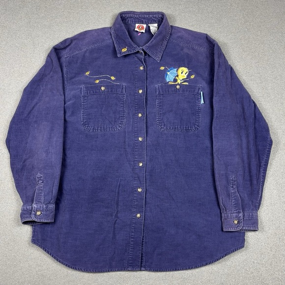 Warner Brothers Looney Tunes Tops - Vintage Loony Tunes Tweety Bird Embroidered Corduroy Button Shirt Women's L